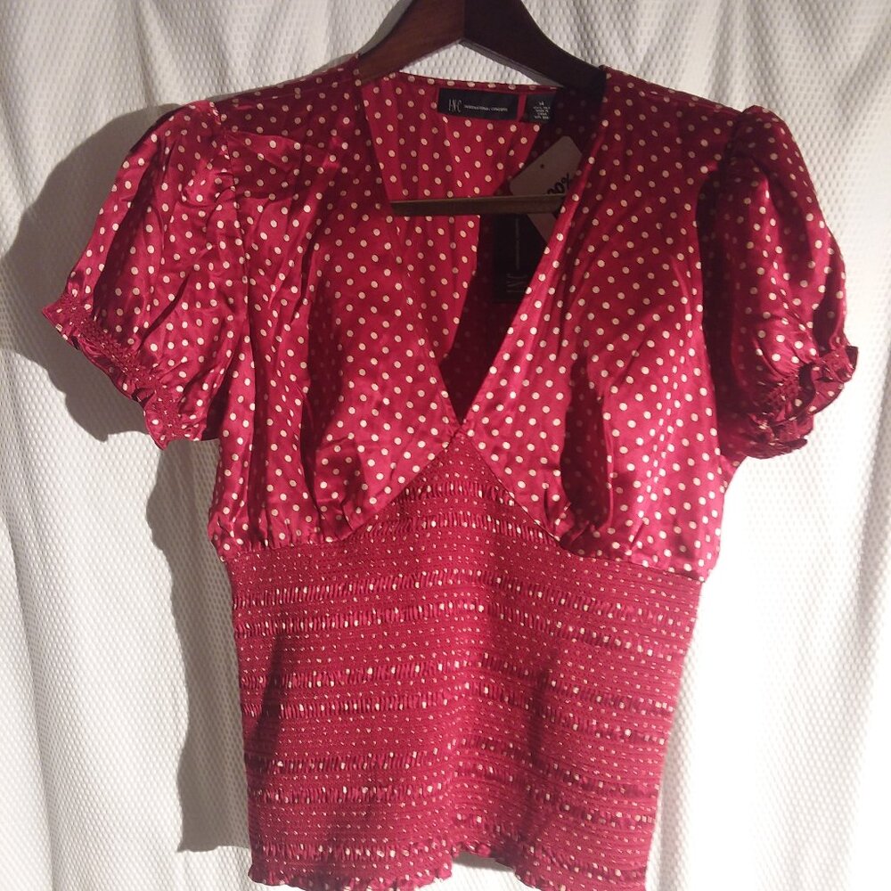 1940's Vintage inspired 100% Silk red and white Polka Blouse with puff cap slee